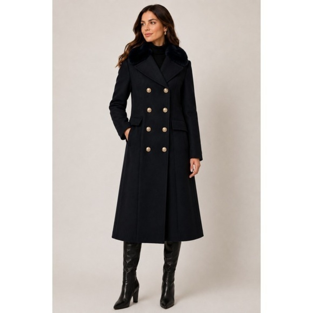 Vince Camuto NWT Wool Blend Military Coat S Faux Fur Collar Double Breasted